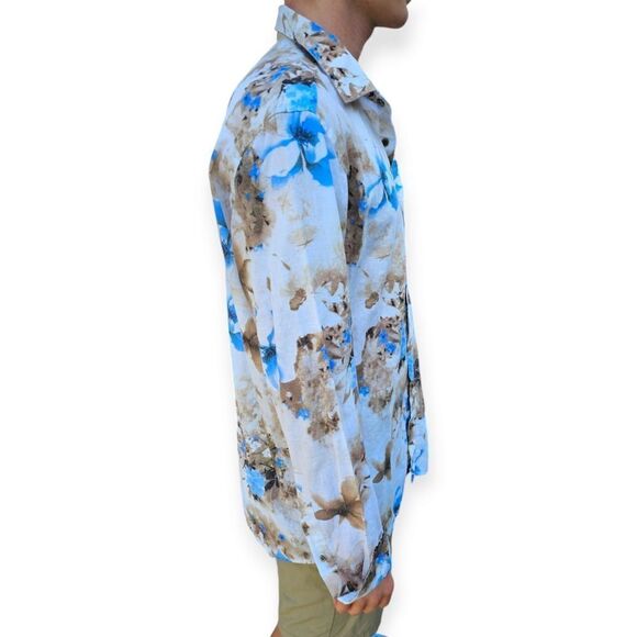 Haupt Germany Long Sleeve Creamy Beige Blue Tropical Floral Print Large - Picture 7 of 9